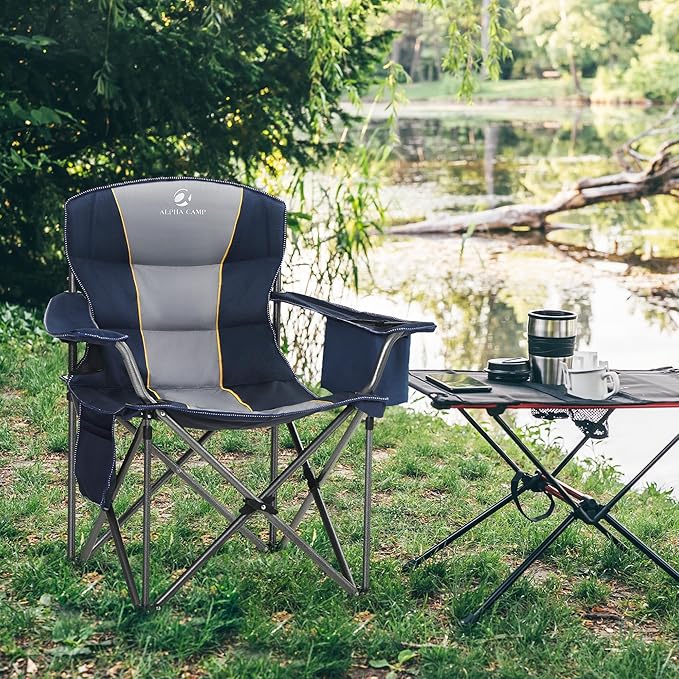 LET'S CAMP Folding Camping Chair Oversized Heavy Duty Padded Outdoor Chair with Cup Holder Storage and Cooler Bag 450 LBS Weight Capacity Thicken 600D Oxford2 Pack