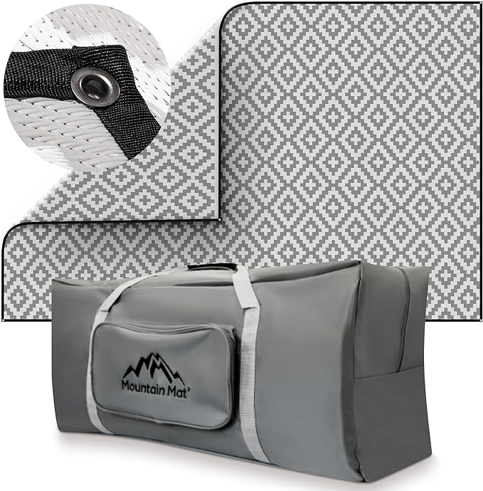 Mountain Mat Premium Outdoor RV Patio mat Sizes 8' x 12' 8' x 16' 8' x 20' Made from 100% Recycled Plastic for Tents Decks Campers and Beach – with Durable Carry Bag (8x12 Grey Diamond)