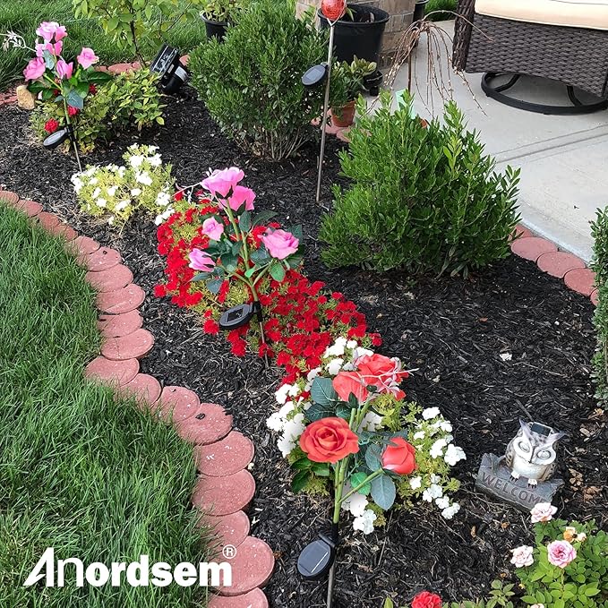 Anordsem Solar Garden Lights Outdoor: 10 Waterproof Fabric Roses 2 Pack - White LED Flower Decorations for Yard Patio Path Cemetery Grave - Mother's Day Gifts for Her Women Mom Wife
