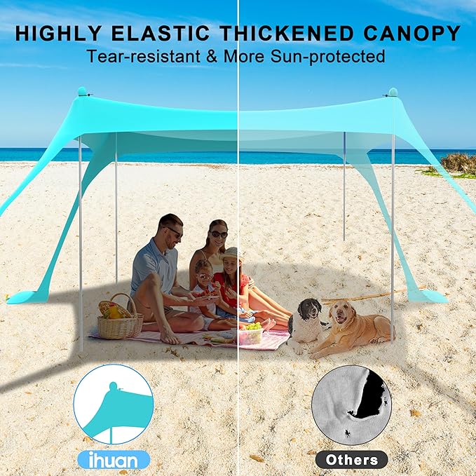 ihuan Beach Tent Sun Shelter 10X10FT UPF50+ with 4 Aluminum Foldable Poles Easy Setup Outdoor Shade Canopy for 8 Person Camping Sun Shelter for Fishing Family Trips Backyard Picnics