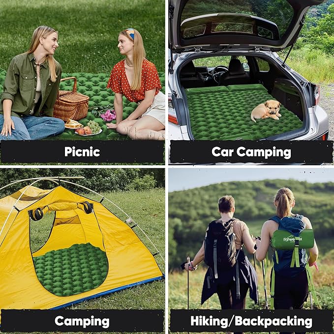 POWERLIX Double Camping Sleeping Pad Camping Pad for 2 Person with Pillow Built-in Foot Pump Inflatable Sleeping Pad for Camping Backpacking Hiking Portable Camping Mattress Green