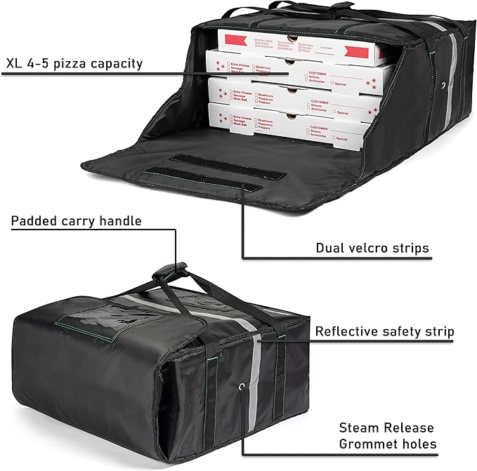 Homevative Insulated Pizza &amp Food Delivery Bag fits 4 Large Pizzas or Trays 20 x 20 x 8 Black