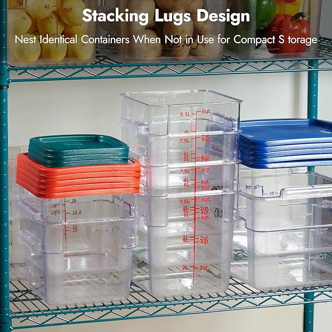 CURTA 8-Pack 18 Qt NSF Clear Polycarbonate Food Storage Containers with Blue Lids - Square Commercial-Grade Freezer &amp Dishwasher Safe Stackable