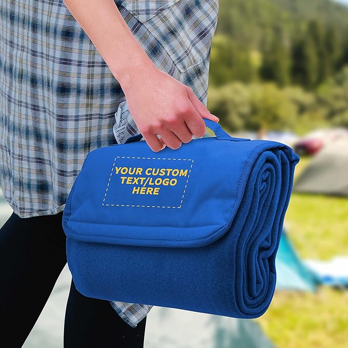 DISCOUNT PROMOS Custom Roll Up Picnic Blankets Set of 10/50/100 Personalized Bulk Pack Great for Camping Picnic Beach Sports Outdoor Activities - Blue