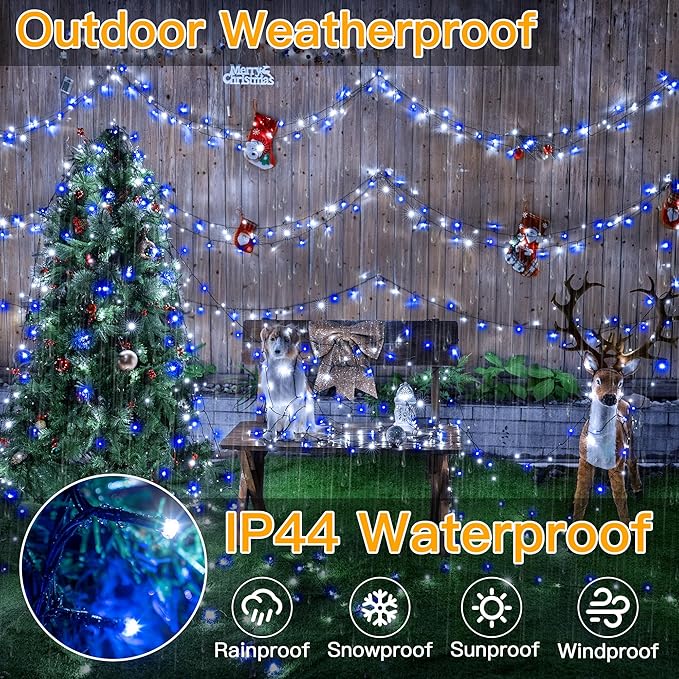 Ollny Christmas Lights 500LED 164FT Long Christmas Tree Lights with 8 Modes Remote Timer IP44 Waterproof Outdoor Christmas Lights for Tree House Yard Outside Xmas Decorations (Blue+White)