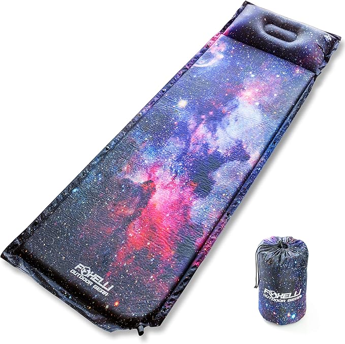 Foxelli Self Inflating Sleeping Pad for Camping Backpacking Hiking Insulated Foam Lightweight Camping Mat Inflatable Camp Mattress with Pillow