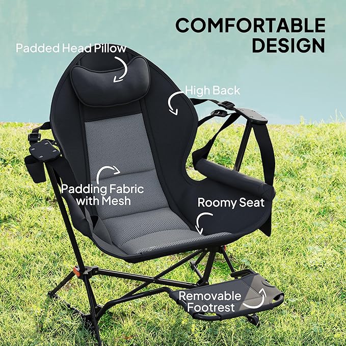 Outsunny Double Hammock Camping Chair Adjustable Back Folding Rocking Chair Swinging Hammock Chair with Cup Holder Headrest Removable Footrest Padded Seat for Travel Sports Concerts Black
