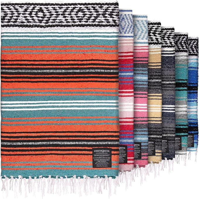 Hydration Nation Authentic Large Handwoven Mexican Blanket - Soft Yoga - Durable Serape - Lightweight Falsa Beach Camping Picnic Outdoor 70x50 - Mandarin