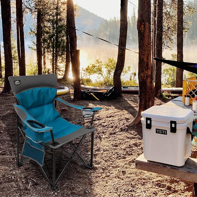 Oversized Folding Camping ChairHeavy Duty Padded Portable Lawn Chair w/Extra Large Cup HolderSide Pocket for Adults Outdoor Sports Hiking Beach Garden PicnicBlue