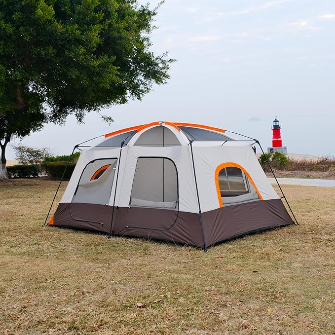 KTT Large Tent 8-10-12 PersonFamily Cabin Tents2 Rooms2 Doors and 4 Windows with MeshStraight WallWaterproofDouble LayerBig Tents for OutdoorPicnicCampingFamily Gathering