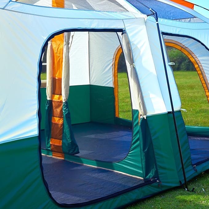 KTT Extra Large Tent 12-14 PersonFamily Cabin Tents2 RoomsStraight Wall2 Doors 4 Windows with MeshWaterproofStraight WallBig Tent for OutdoorPicnicCampingGathering(Brown)