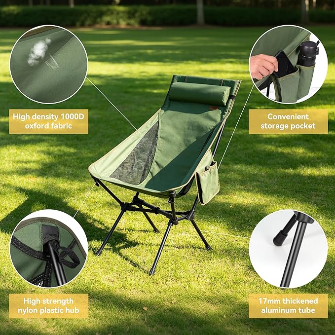 TOBTOS Portable High Back Camping Chair Support 440 lbs Ultralight Folding Chair with Head Support Compact Backpacking Chair for Outdoor Camp Backpacking Fishing (Green)