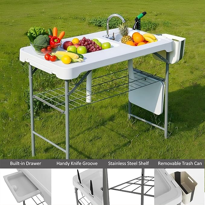 Folding Fish Cleaning Table Portable Camping Double Sinks Table with 2 Dual Water Basins Faucet Drainage Hose Sprayer Outdoor Fish Fillet Cleaning Station with Storage Box