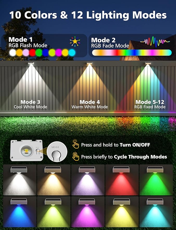 VOLISUN Solar Fence Lights Fence Lights Solar Powered IP65 Waterproof LED RGB Color Changing Solar Light for Fence Yard Wall Backyard (12 Pack White)