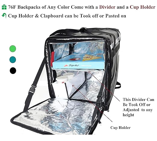 PK-76F: Large Doubledeck Insulated Pizza/Food Delivery Backpack 16x 15x 18 with Divider Cup Holder. Waterproof Thermal Food Take-Out Box Keep Hot/Cold 76Liters (Black)