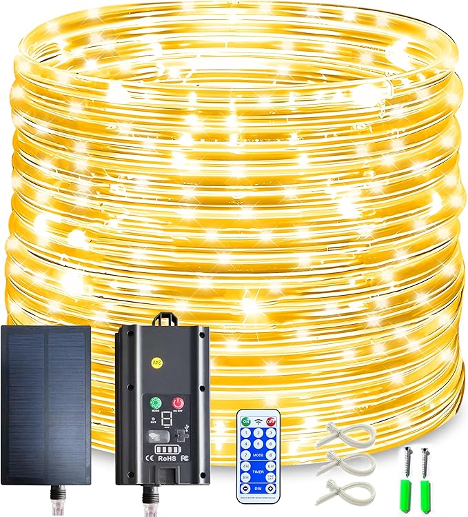 99FT 1000LED Solar Rope Lights - Warm White Solar Powered String Lights with 8 Lighting Modes IP65 Waterproof Fairy Light for Outdoor Garden Yard Tree Christmas Holiday Decor