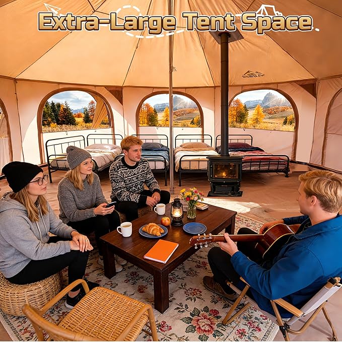 16.5ft Canvas Bell Tent Large Yurt Tent with Stove Jack for Camping &amp Glamping 55 High Walls Maximum Space Waterproof 4 Season Hot Tent with 8 Mesh Windows &amp Removable Floor