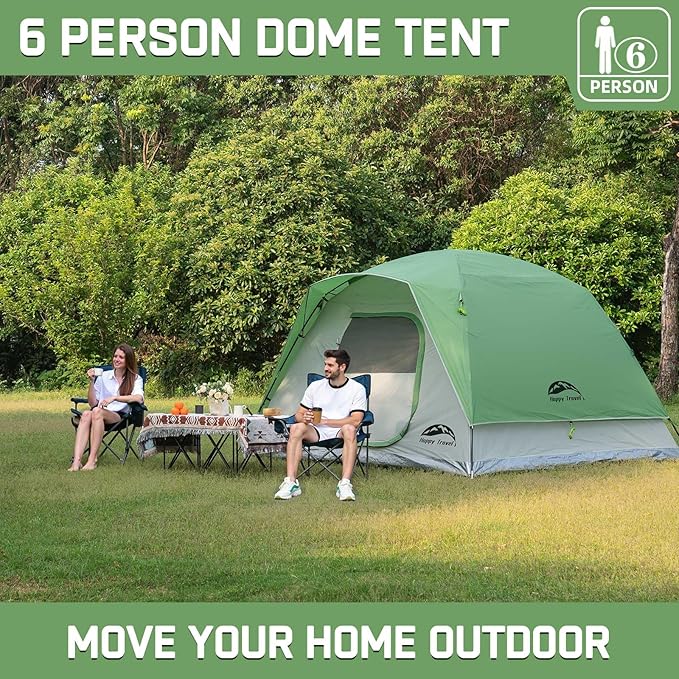 Happy Travel Camping Tent 4/6 Person Dome Tents for Camping with Rainfly Waterproof Clip Easy Setup Portable Family Tent with Mesh Windows 20% More Headroom Backpacking Tents for Camping &amp Hiki