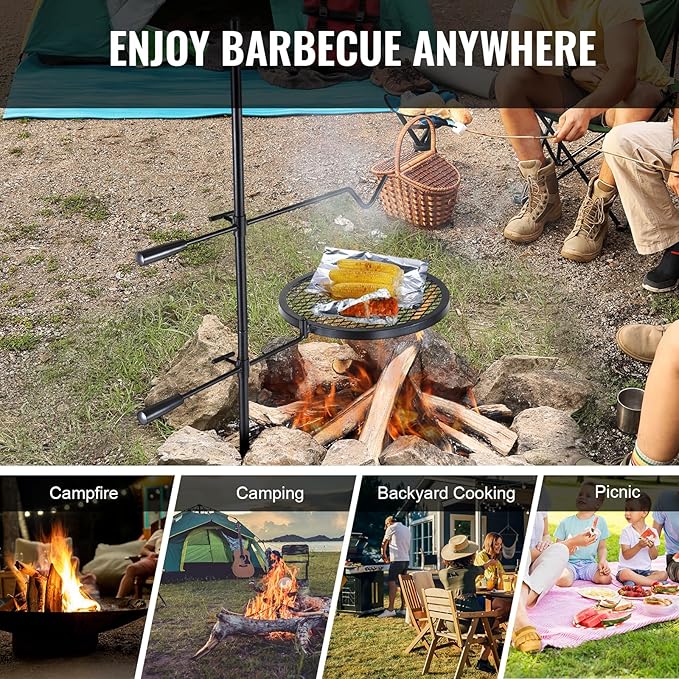 VEVOR Swivel Campfire Grill Fire Pit Grill Grate over Fire Pits Heavy Duty Steel Grill Grates 360° Adjustable Open Fire Outdoor Cooking Equipment Portable Camp Fire Racks for Camping Outdoor BBQ