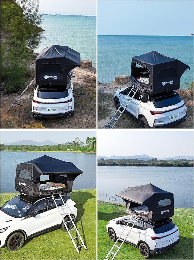 PlayDo Inflatable Rooftop Tent Easy Setup Camping Tent for The Roof of Sedans Pickup Blow Up Roof Top Tents SUV Truck Van Glamping Tent with Porch Strip Light for 2-3 Person