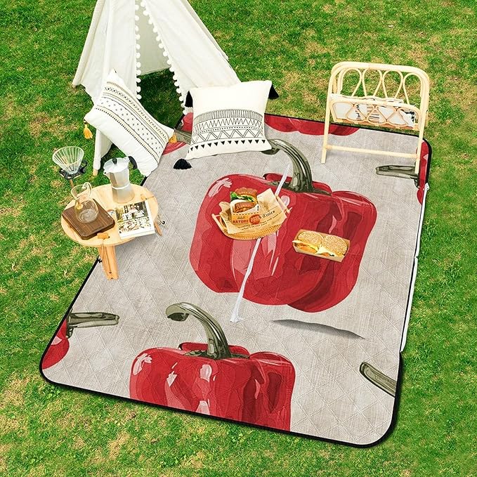 Zipper Red Bell Pepper Pattern Style Picnic Mat Suitable for Travel Camping Park Or Home Use