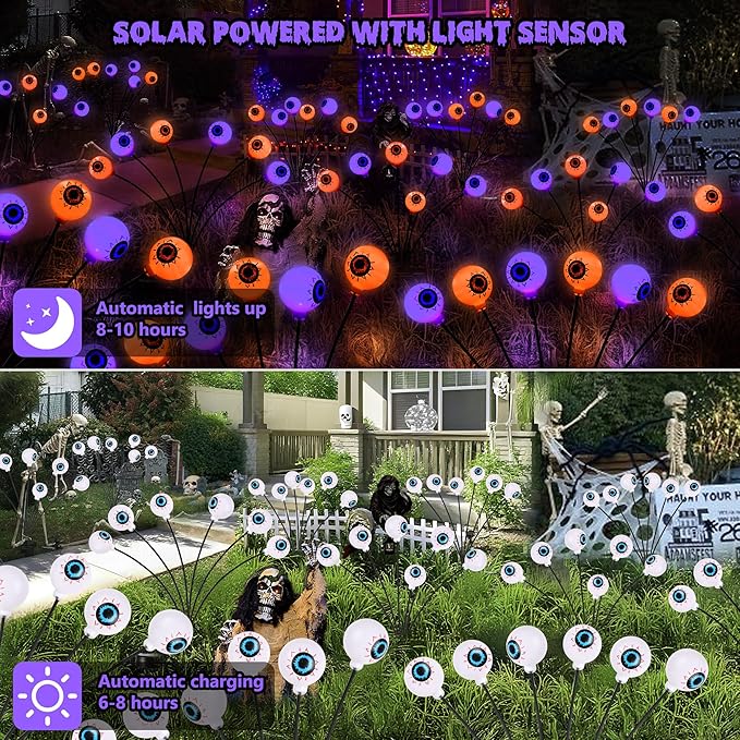BrizLabs 6 Pack 36 LED Halloween Solar Eyeball Lights 2 Modes Outdoor Halloween Pathway Lights Solar Spooky Path Light Waterproof Swaying Firefly Lighting for Yard Garden Lawn Orange &amp Purple