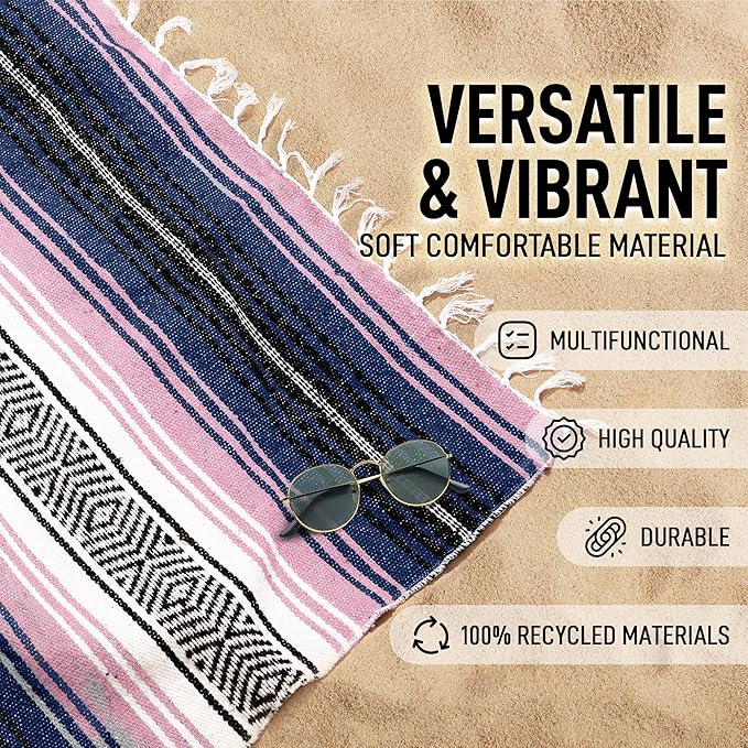 Hydration Nation Authentic Large Handwoven Mexican Blanket - Soft Yoga- Durable Serape- Lightweight Falsa Beach Camping Picnic Outdoor Blanket 70x50 - Rose Pastel