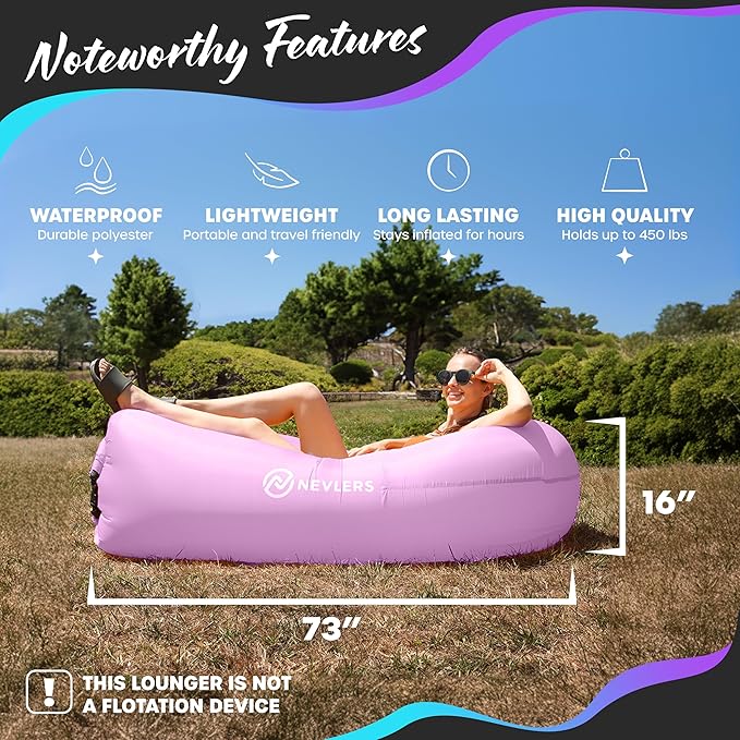 Nevlers Lavender Inflatable Lounger | 210T Polyester Air Sofa | No-Pump Blow Up Couch | Inflatable Lounge Chair w/ 450lbs. Cap. Pockets &amp Matching Bag | Use as Inflatable Couch for Camping &amp