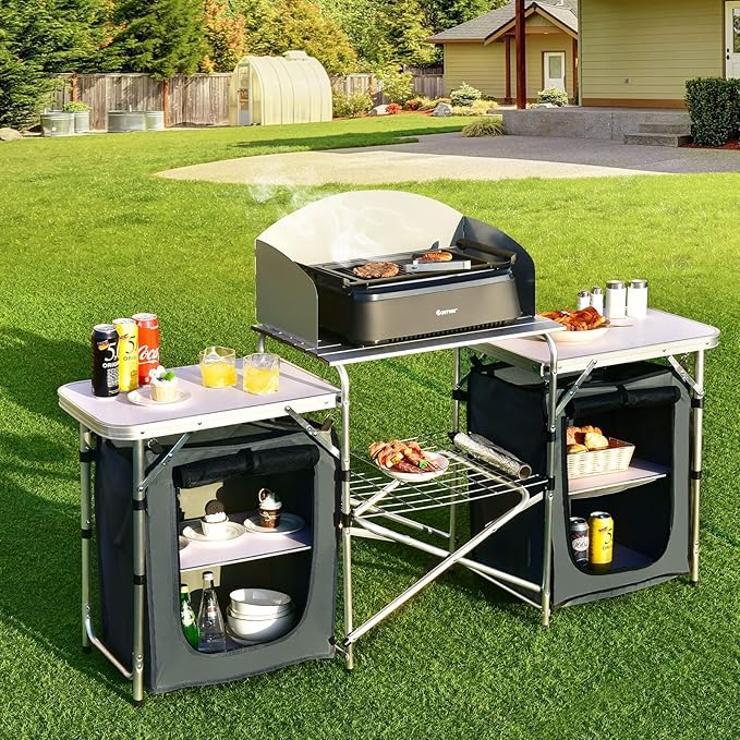 Goplus Folding Camping Kitchen Table with Storage Aluminum Portable Outdoor Cooking Table with Windscreen Foldable Camp Table Cook Station for BBQ Grill Party Picnics