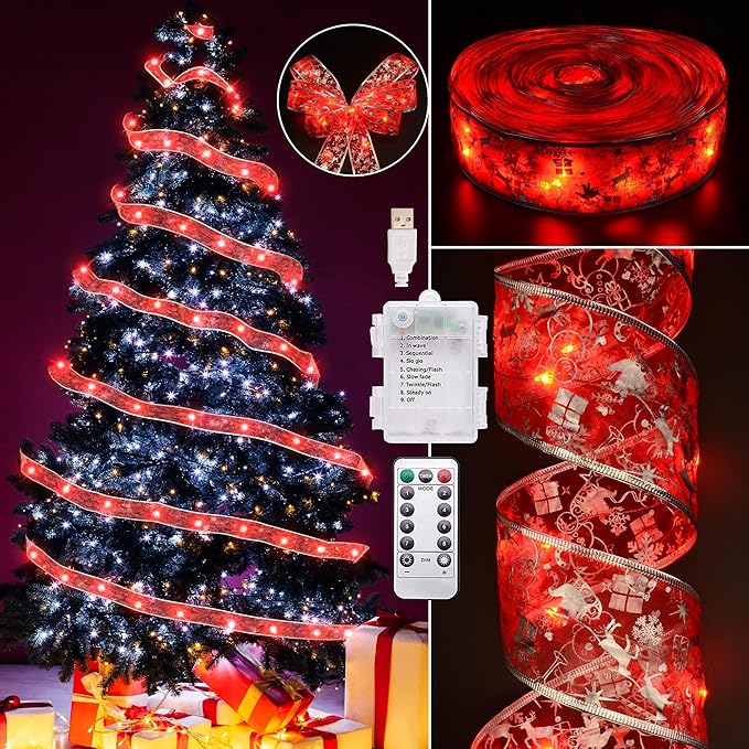 Xmas Decorations 2.5Inch x 33Ft 100 Led Xmas Tree Ribbon Lights w/ Remote Control Battery Operated &amp USB Powered 8 Lighting Modes Fairy String Lights w/ Timer Xmas Decor (Vi23090904)