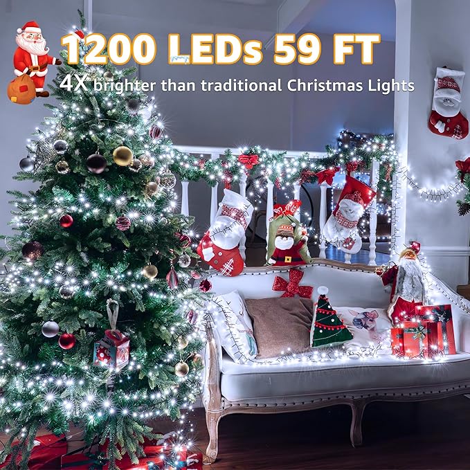 1200 LED 59 FT Cluster Lights White Christmas Tree Lights 8 Modes Timer Remote Waterproof String Lights for Indoor Outside Garland Xmas Decorations