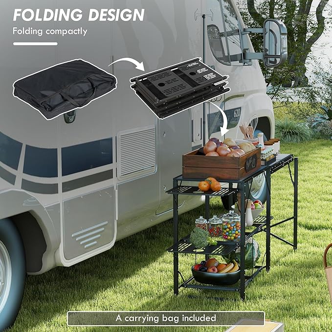 Outsunny Folding Camp Kitchen Table Portable Camping Cooking Station with Adjustable Lantern Holder Hanging Hooks and Carrying Bag for Outdoor Picnic Beach BBQ Traveling