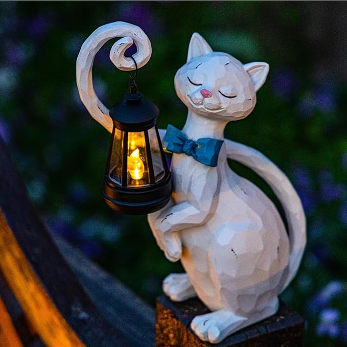 WHIMSYNOOK 10.7 White Cat Solar Garden Light Statue – Outdoor Garden &amp Yard Decor LED Lantern Gift for Cat Lovers