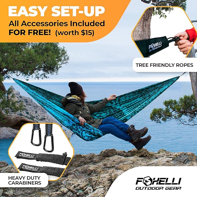 Foxelli Camping Hammock – Ultralight Hammock for Backpacking Hiking Festivals Travel - Easy Setup with Tree-Friendly Ropes &amp Steel Carabiners Heavy Duty Parachute Nylon