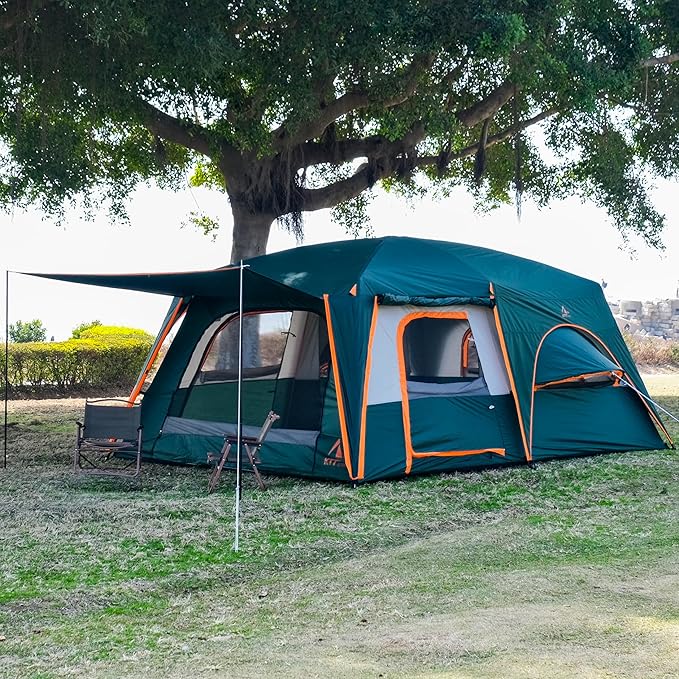KTT Extra Large Tent 10-12-14 Person(B)Family Cabin Tents2 Rooms3 Doors and 3 Windows with MeshStraight WallWaterproofDouble LayerBig Tent for OutdoorPicnicCampingFamily Gathering