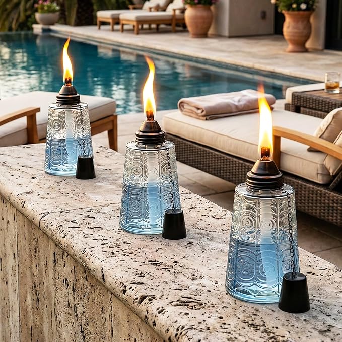 Seraphic Citronella Table Top Torches for Outdoor Patio 16oz Decorative Glass Torch Citronella Candles for Outside Deck Garden Parties Set of 3 Clear