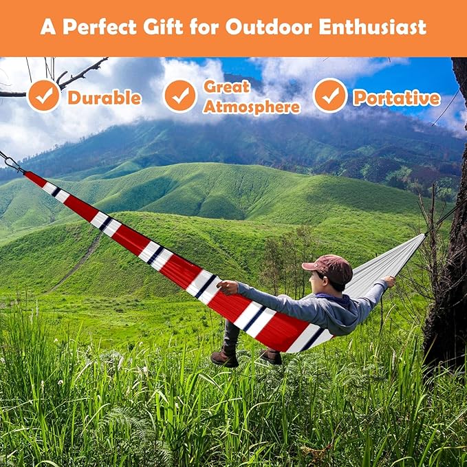 Outdoor Camping Hammock Stripes Red White Double Single Hammocks with 2 Tree Straps Lightweight Portable Heavy Duty Nylon Hammocks for Backpacking Travel Beach Backyard Patio Hiking