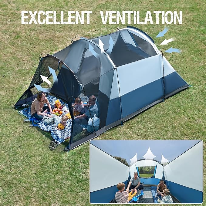 PORTAL 6/8/10 Person Family Camping Tent with Screen Room Water Resistant Big Tunnel Tents with Rainfly Large Family Tent for Camping Outdoor Patio
