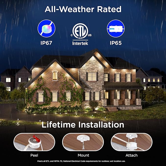 Enbrighten Vibe Eternity Accent Permanent Outdoor Lights for House 100ft 24 RGBWIC LEDs Wide Spacing 94lm Tunable White Everyday Eave Lighting Smart App Works with Alexa Google Home 85713