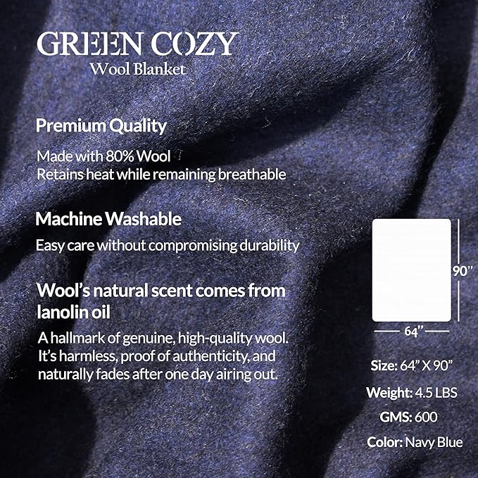 Military Style Wool Blanket – Cushioned Breathable Durable Warm &amp Washable – Double-Stitched Border–Great for Camping Outdoor First Aid Travel Car–Fire Retardant – 64x90 4.7 lb (Navy Blue