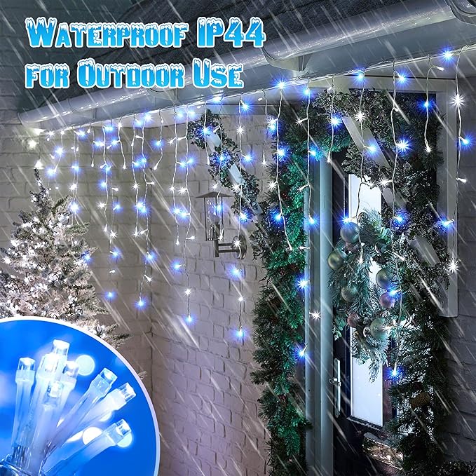 Toodour White &amp Blue Christmas Icicle Lights 29.5ft 360 LED Icicle Lights 8 Modes 60 Drops Window Curtain Led Christmas Light Icicle Twinkle Light for Eaves Party Wedding Xmas Decorations