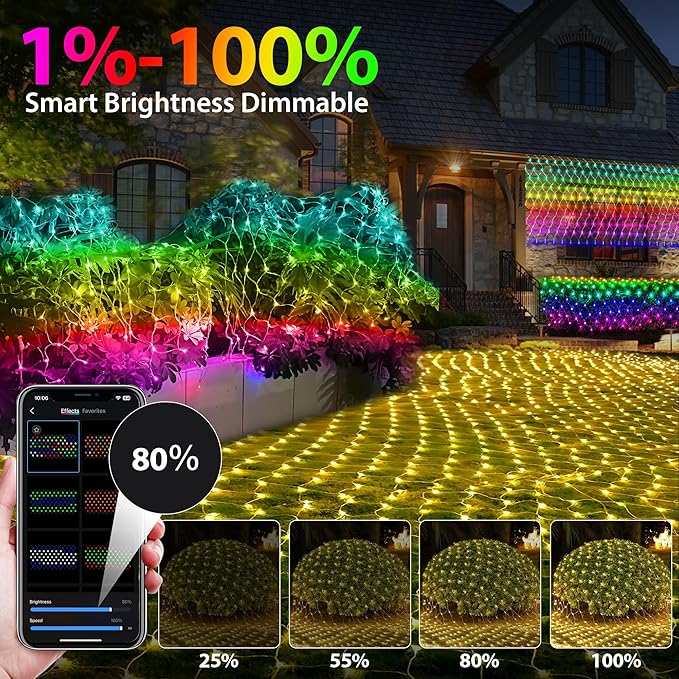 4ft x 18ft Smart Christmas Net Lights Outdoor Mesh Lights 300 LEDs Bluetooth App Prpgrammable 105+ Scene Modes Music Sync IP44 Waterproof Timer RGB Bush Light for Tree Fence Holiday Decorations