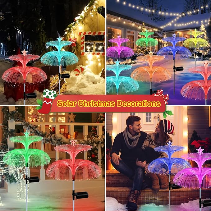 Solar Garden Lights 4 Pack Solar Star Jellyfish Lights 7 Color Changing Fiber Optic Light Gardening Gifts for Mom Grandma Women Flower Light for Outdoor Yard Garden Decor