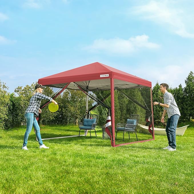 VIVOHOME 10x10ft Easy Pop-Up Canopy Outdoor Screen Tent with Mosquito Netting 2 Zipper Doors and Roller Bag for Yard Camping Picnic Party Events Red