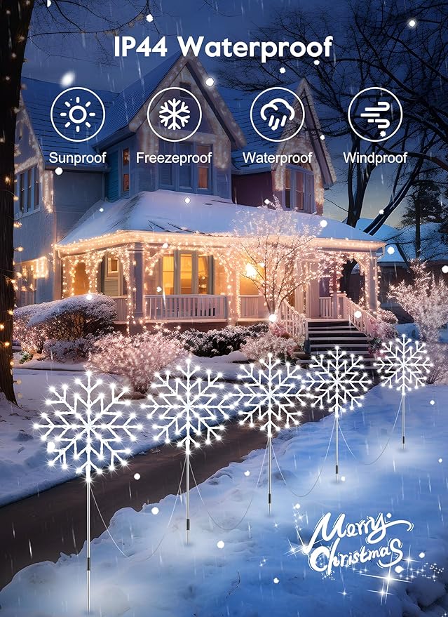 Brightown Large Snowflake Pathway LightsTotal 20-Pack 34 Outdoor Snowflake Christmas Lights Decor for Yard 8 Modes Sidewalk Marker Stake for Driveway Walkway IP44 Waterproof Cool White