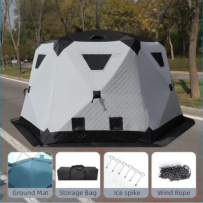 8-12Person Ice Fishing Tent with Stove Jack and Floor Portable ICES Fishings Shelter 420D Insulated Layer Oxford Cloth Hexagon Shanty Pop-Up Fish Tent for Winter Camping Fishing