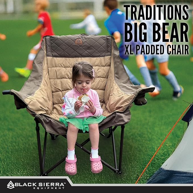 Black Sierra Deluxe Padded Camping Chair for Sports &amp Outdoors Oversize XL Outdoor Folding Chair Supports 400 lbs Heavy Duty Seat w/Dual Cup Holders/Carry Bag Perfect for RV Tailgating Glampin