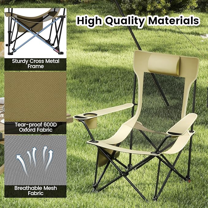 GYMAX Reclining Camping Chairs with Footrest Lightweight Foldable Camping Chairs with Cup Holders Adjustable Backrest Headrest Heavy Duty Camp Chair for Adult Outdoor Fishing Beach (Khaki2)