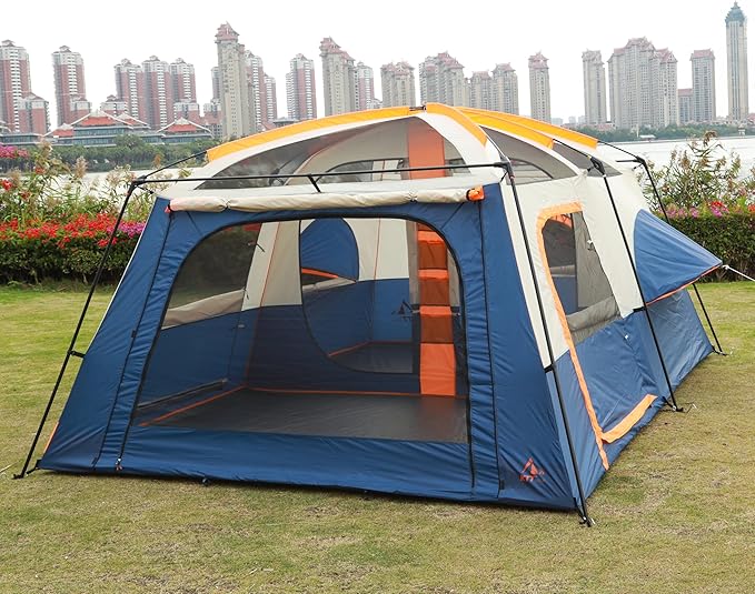 KTT Extra Large Tent 10-12-14 Person(A)Family Cabin Tents2 Rooms3 Doors and 3 Windows with MeshStraight WallWaterproofDouble LayerBig Tent for OutdoorPicnicCampingFamily Gathering