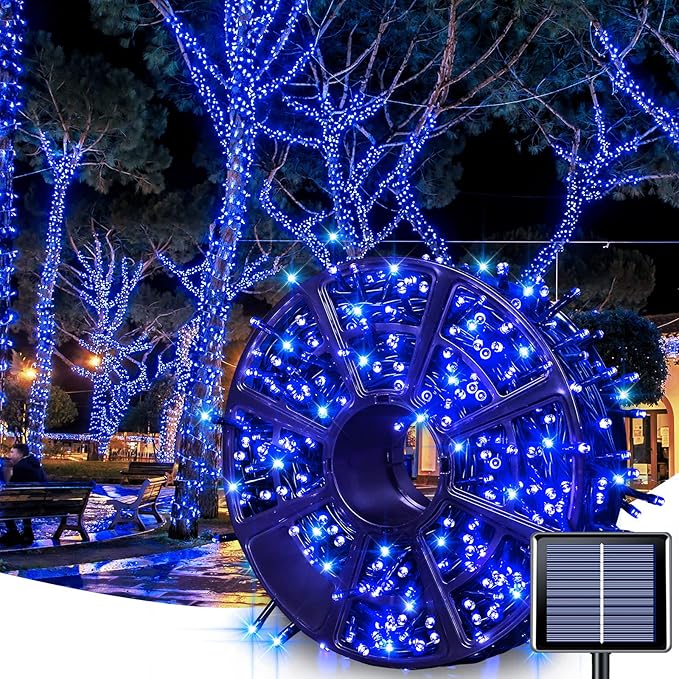 JMEXSUSS 600 LED Blue Solar Christmas Lights 206.7ft Blue Christmas Lights Outdoor Waterproof 8 Modes Solar Light Outdoor for Yard Patio Tree Garden Party Bushes Xams Decorations